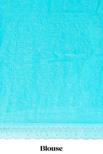 Turquiose blue floral motifs design stone work designer saree with self scallop border and matching blouse