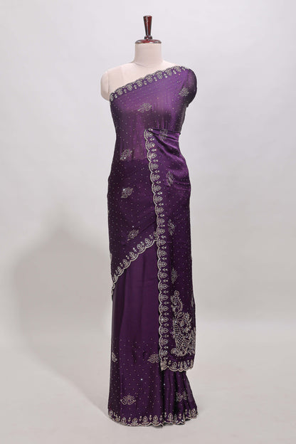 Plum lavender floral motifs design stone work designer saree with self floral scallop border and matching blouse