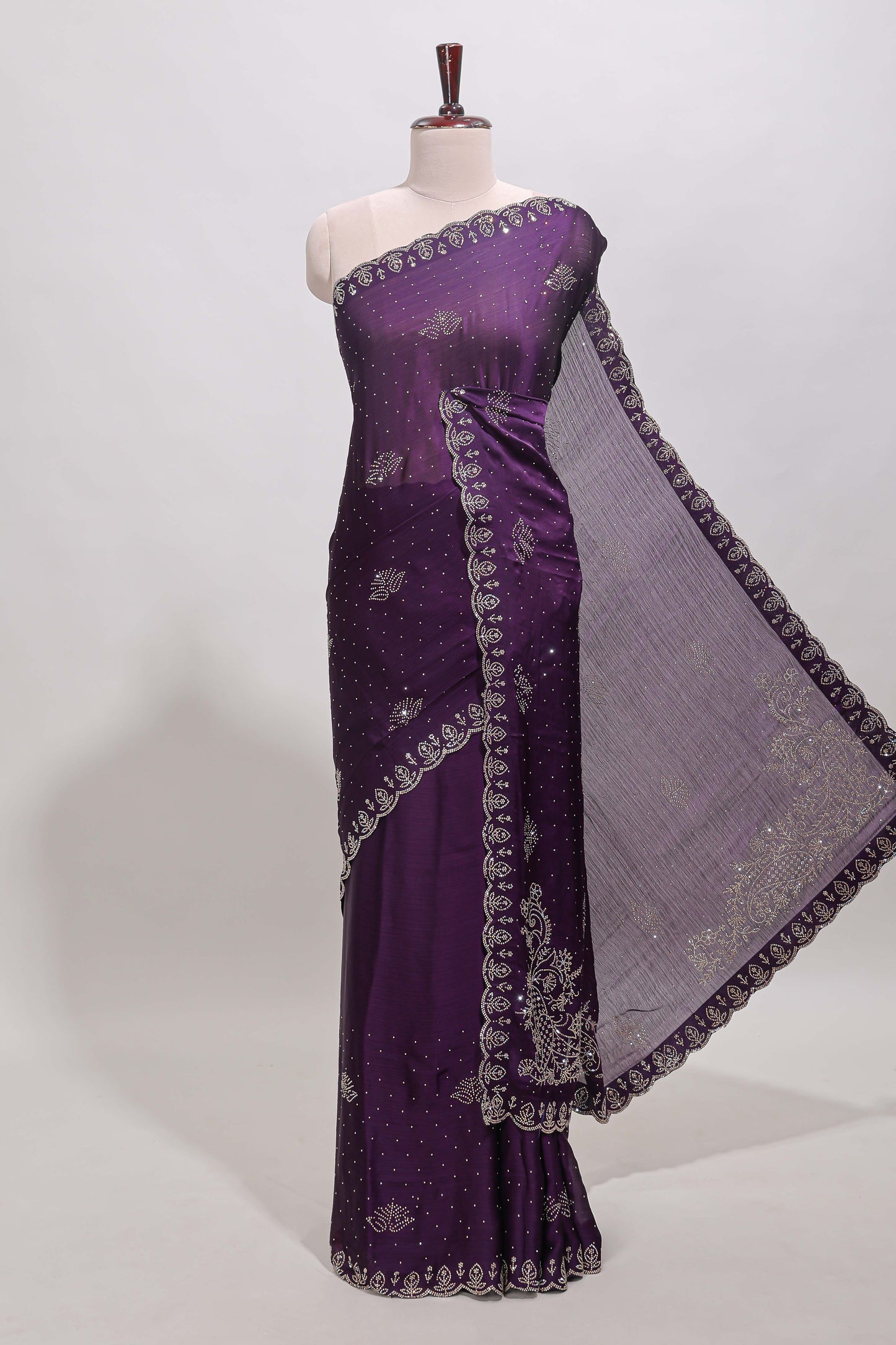 Plum lavender floral motifs design stone work designer saree with self floral scallop border and matching blouse