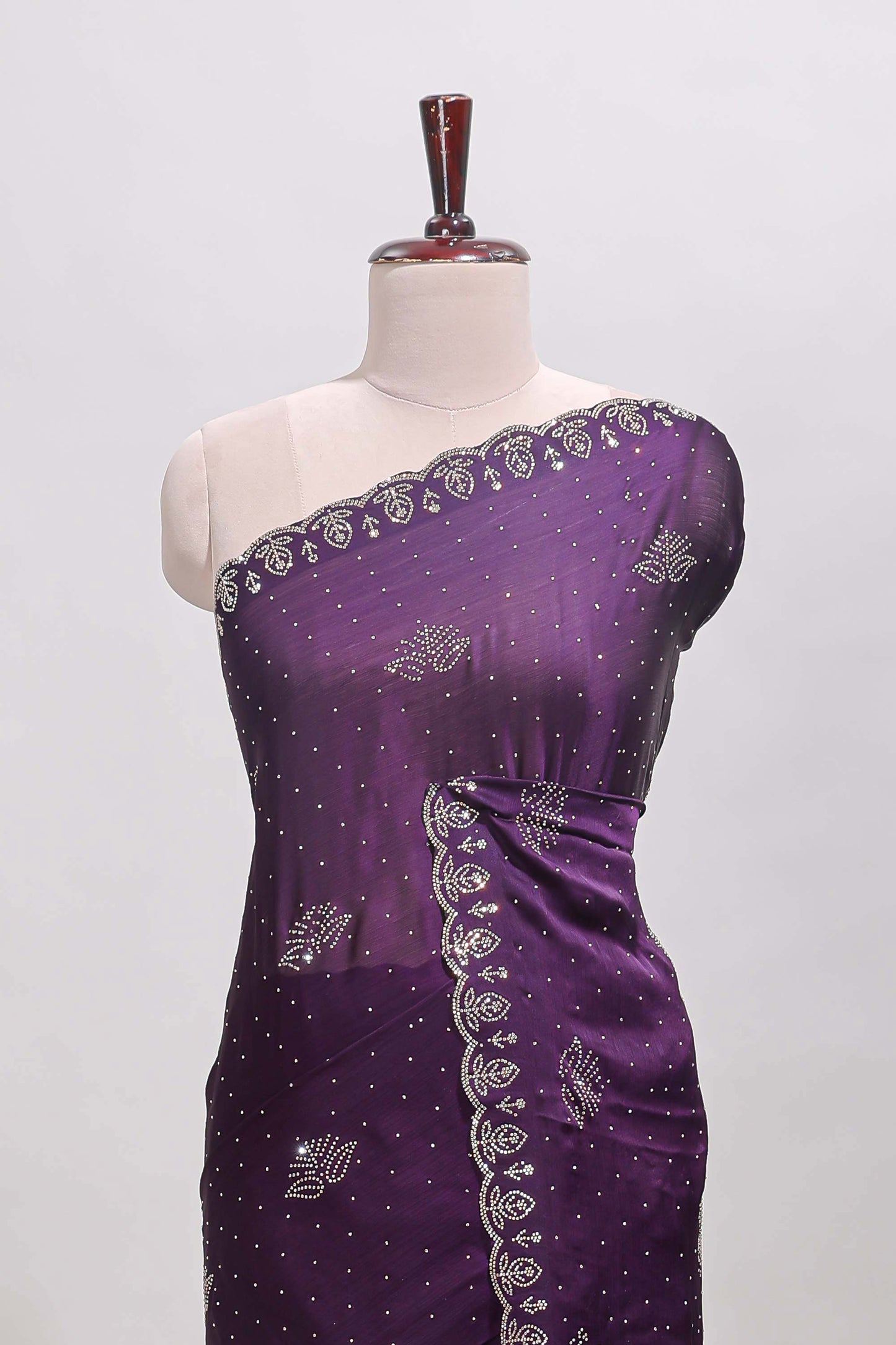 Plum lavender floral motifs design stone work designer saree with self floral scallop border and matching blouse