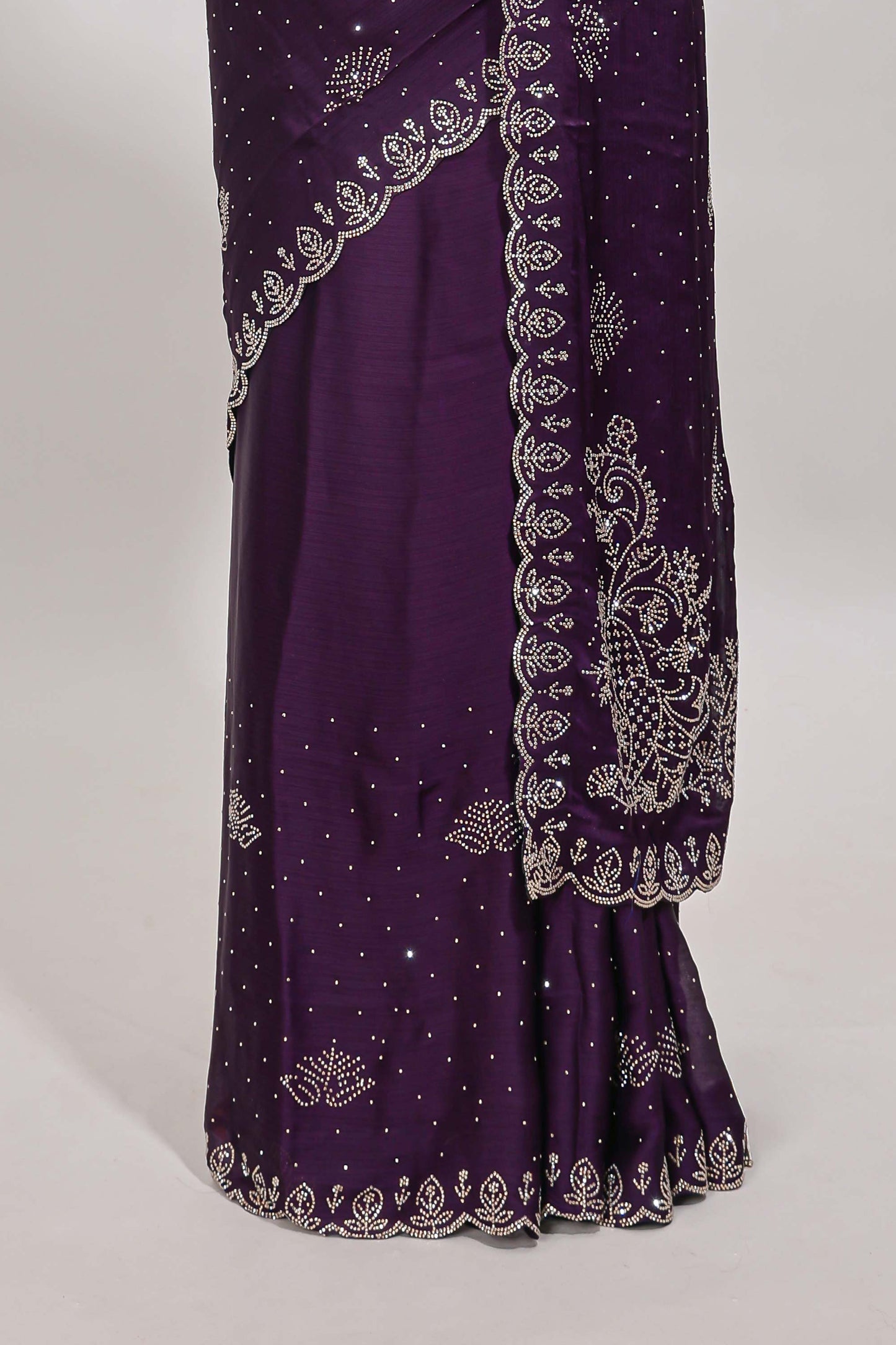 Plum lavender floral motifs design stone work designer saree with self floral scallop border and matching blouse