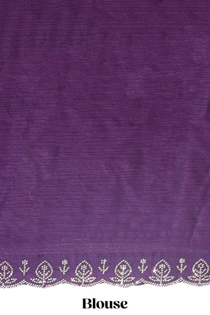 Plum lavender floral motifs design stone work designer saree with self floral scallop border and matching blouse