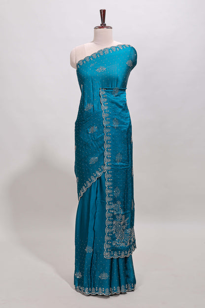 Midight green floral motifs design stone work designer saree with self floral scallop border and matching blouse