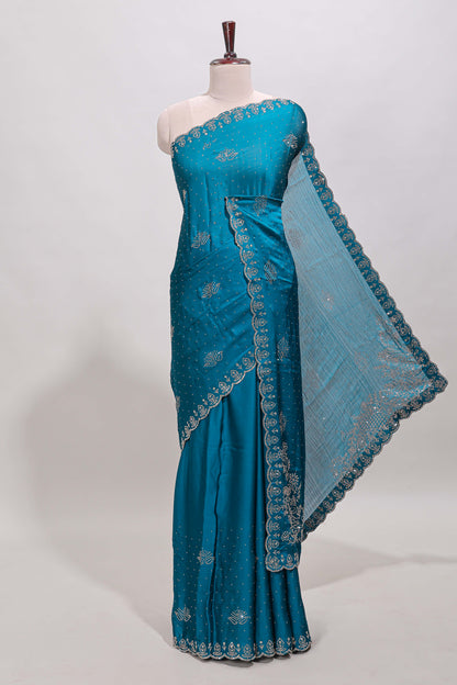 Midight green floral motifs design stone work designer saree with self floral scallop border and matching blouse