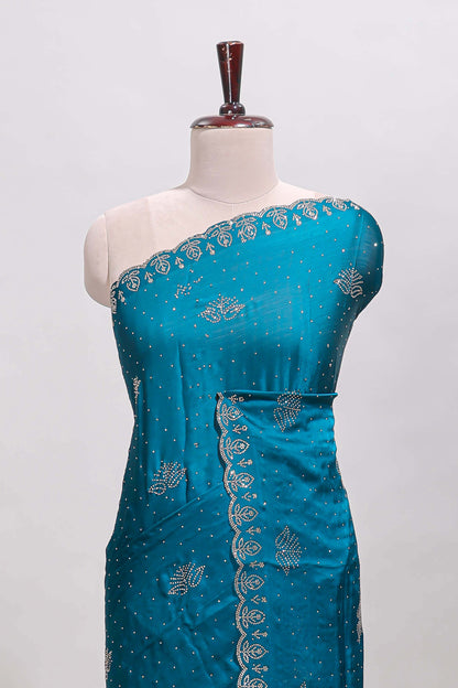 Midight green floral motifs design stone work designer saree with self floral scallop border and matching blouse