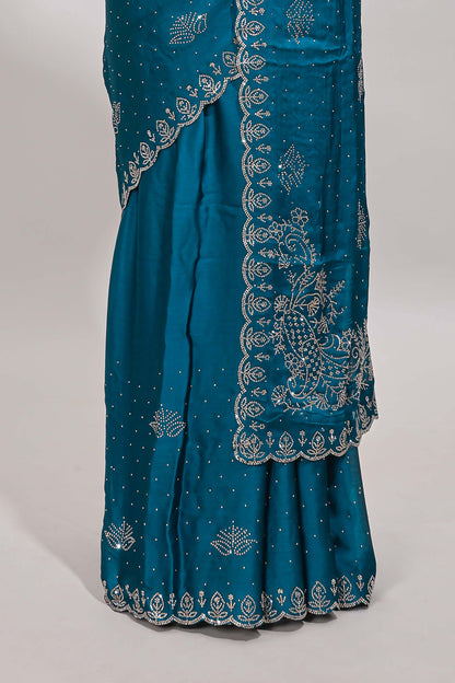 Midight green floral motifs design stone work designer saree with self floral scallop border and matching blouse