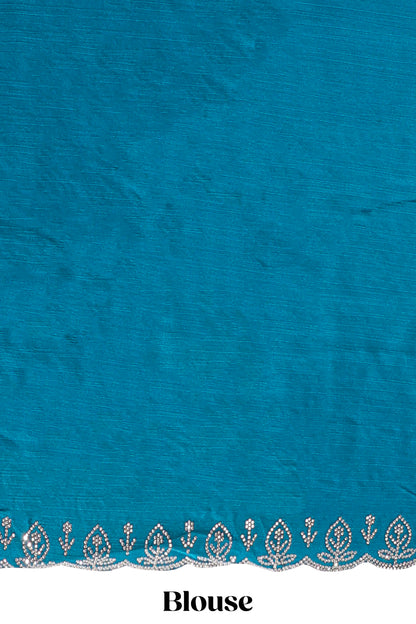 Midight green floral motifs design stone work designer saree with self floral scallop border and matching blouse