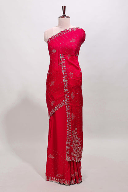Rani pink floral motifs design stone work designer saree with self floral scallop border and matching blouse