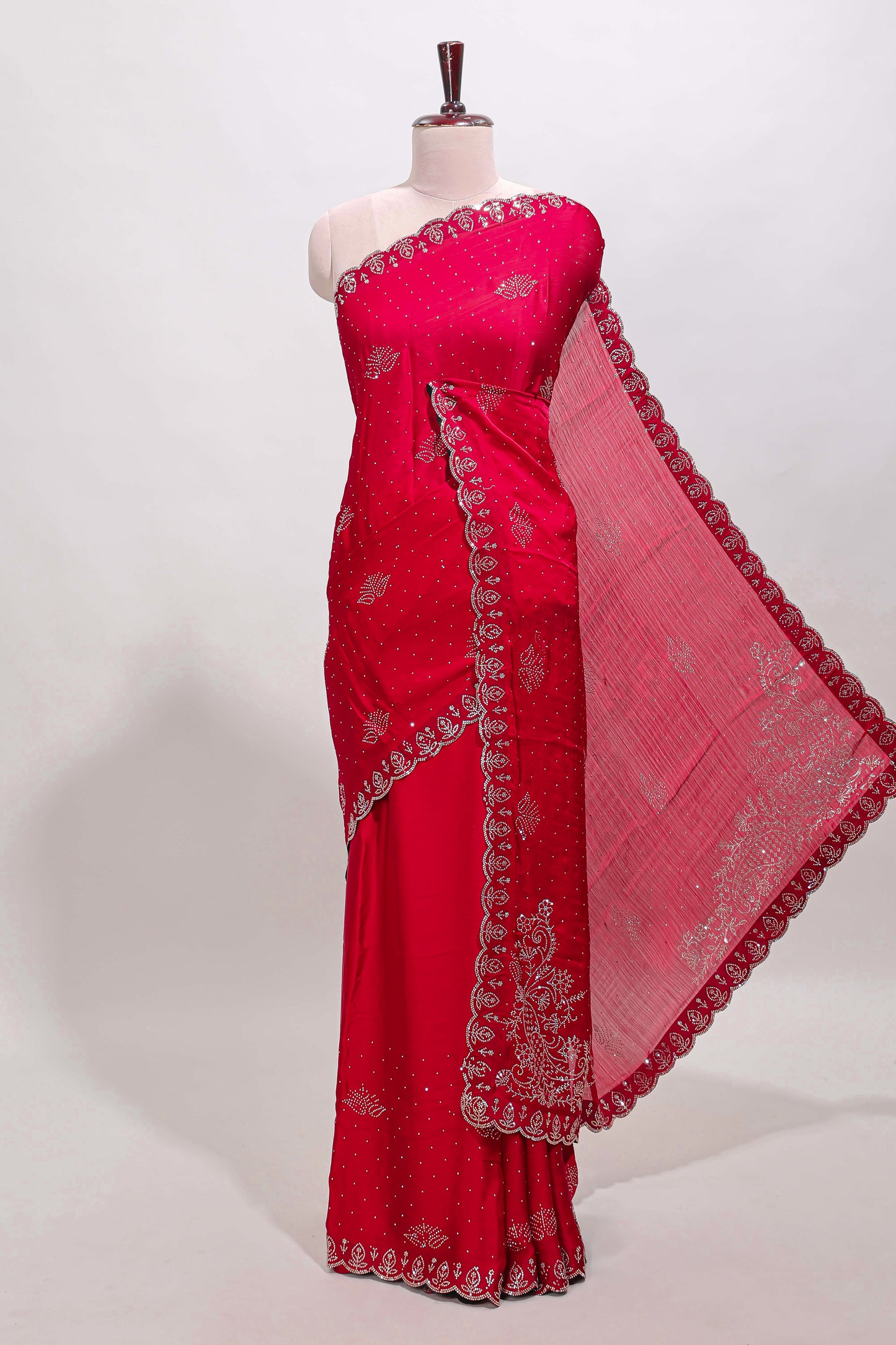 Rani pink floral motifs design stone work designer saree with self floral scallop border and matching blouse