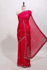 Rani pink floral motifs design stone work designer saree with self floral scallop border and matching blouse