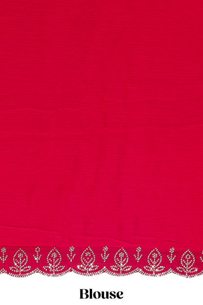 Rani pink floral motifs design stone work designer saree with self floral scallop border and matching blouse