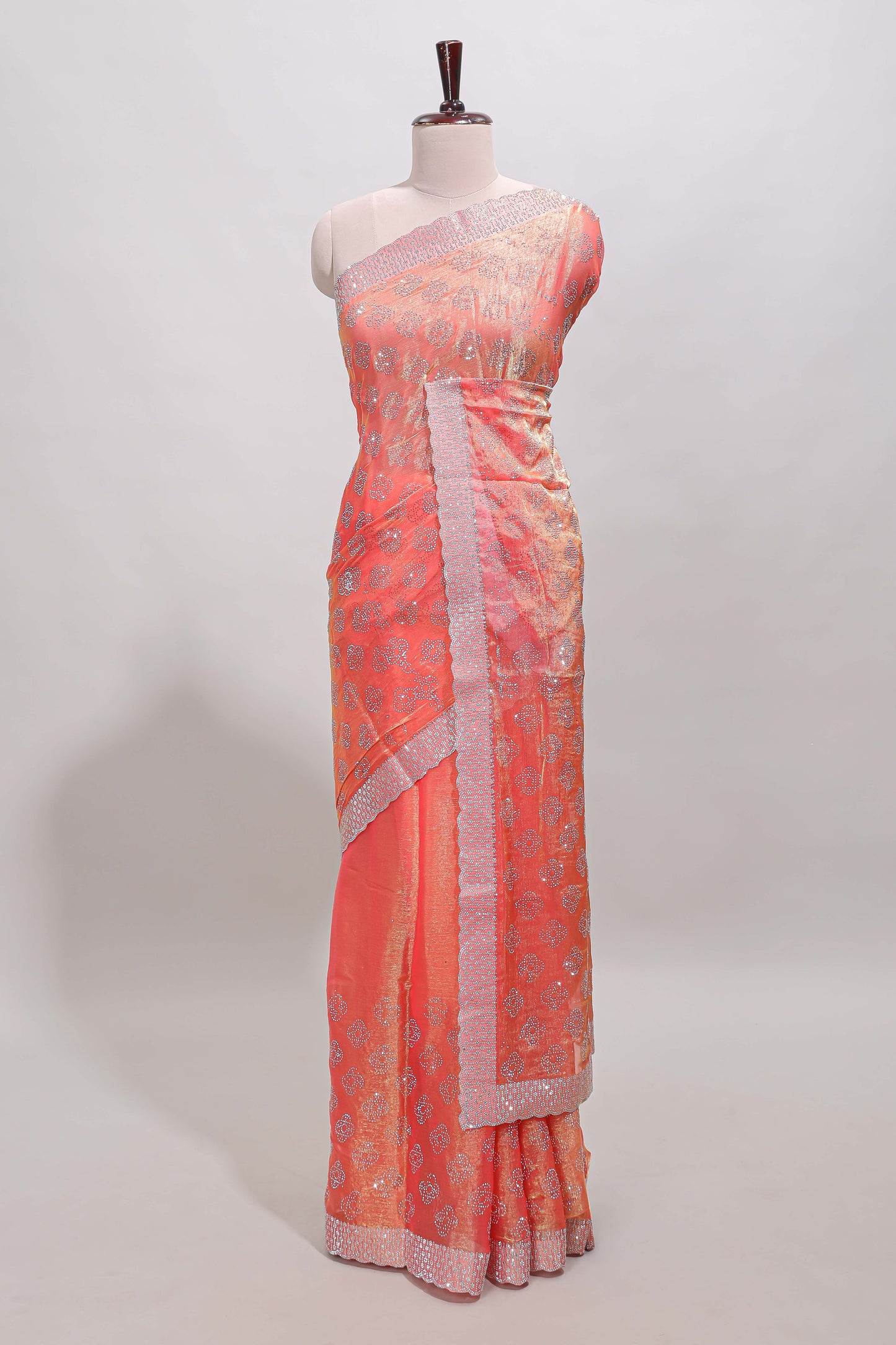 Orange floral butta design stone work designer saree with self scallop border and matching blouse