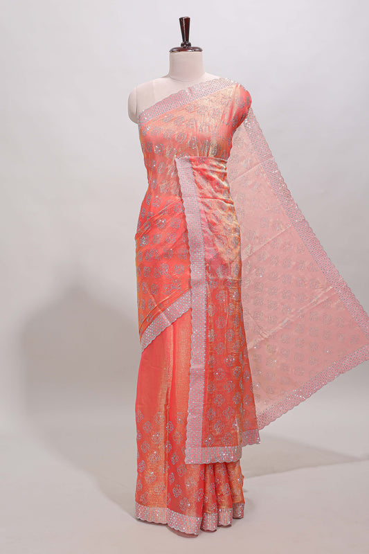 Orange floral butta design stone work designer saree with self scallop border and matching blouse