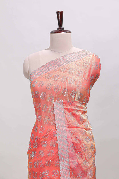 Orange floral butta design stone work designer saree with self scallop border and matching blouse