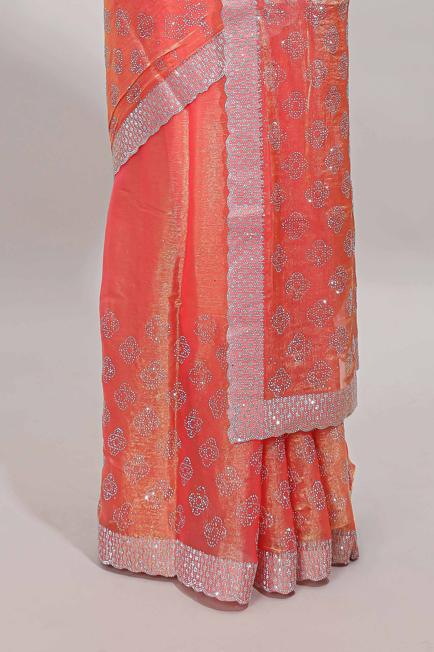 Orange floral butta design stone work designer saree with self scallop border and matching blouse