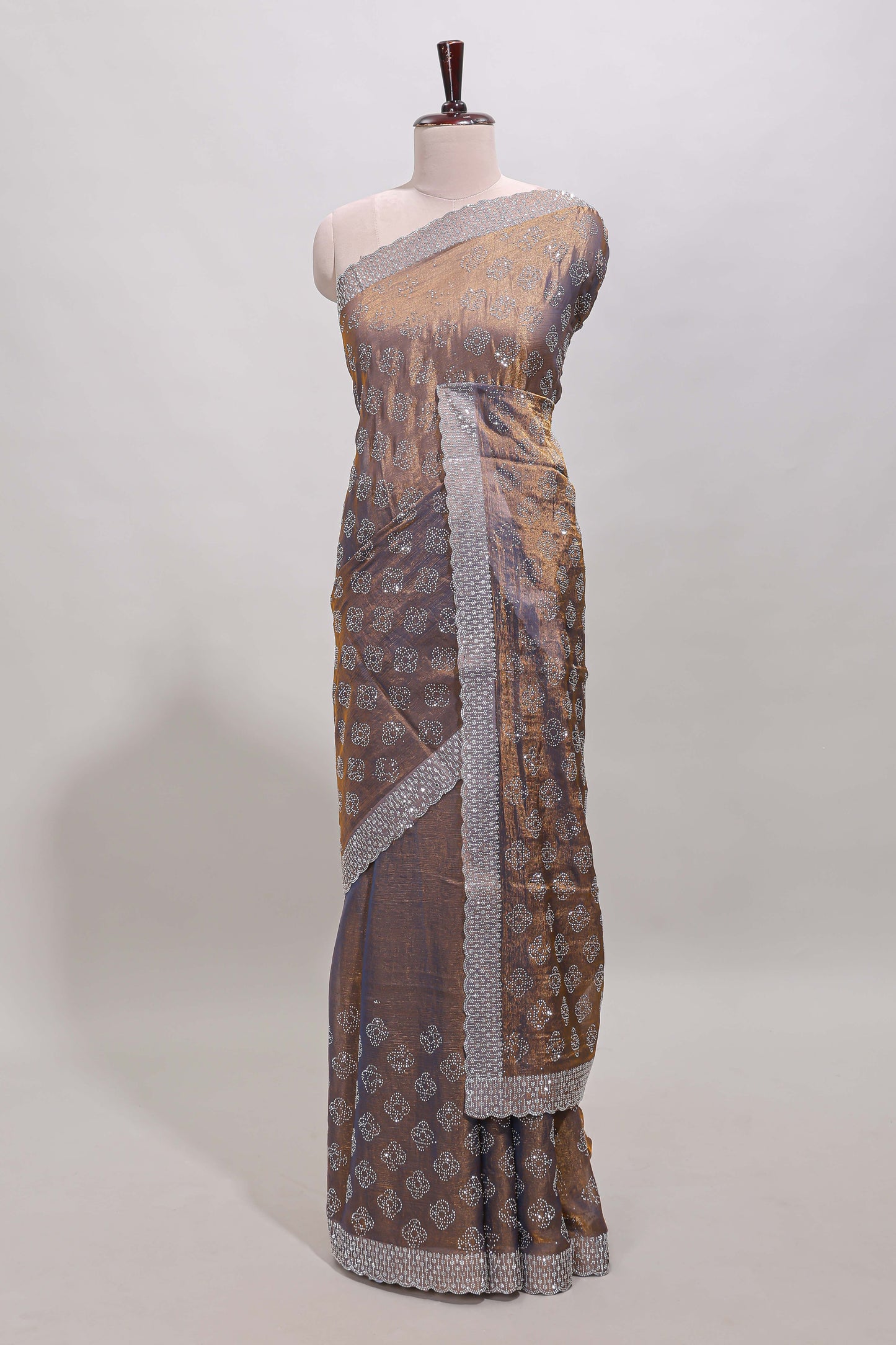 Brown floral butta design stone work designer saree with self scallop border and matching blouse