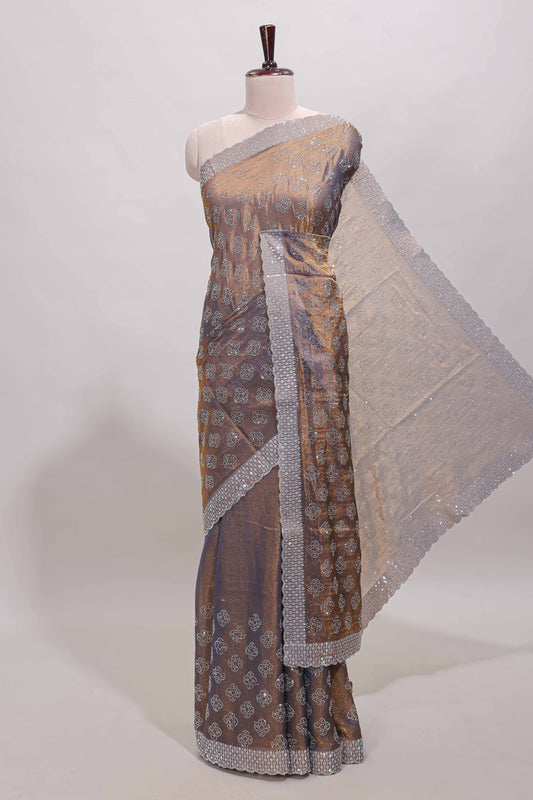 Brown floral butta design stone work designer saree with self scallop border and matching blouse