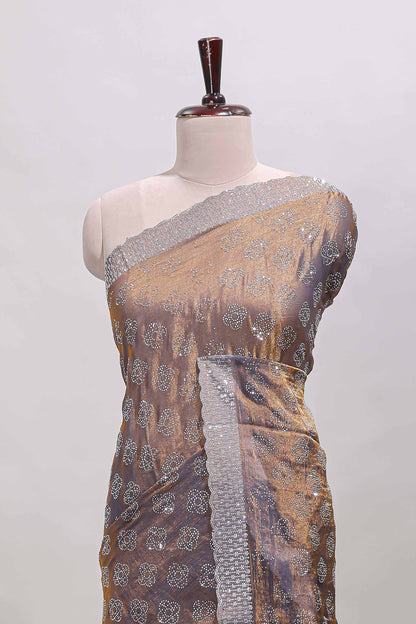 Brown floral butta design stone work designer saree with self scallop border and matching blouse