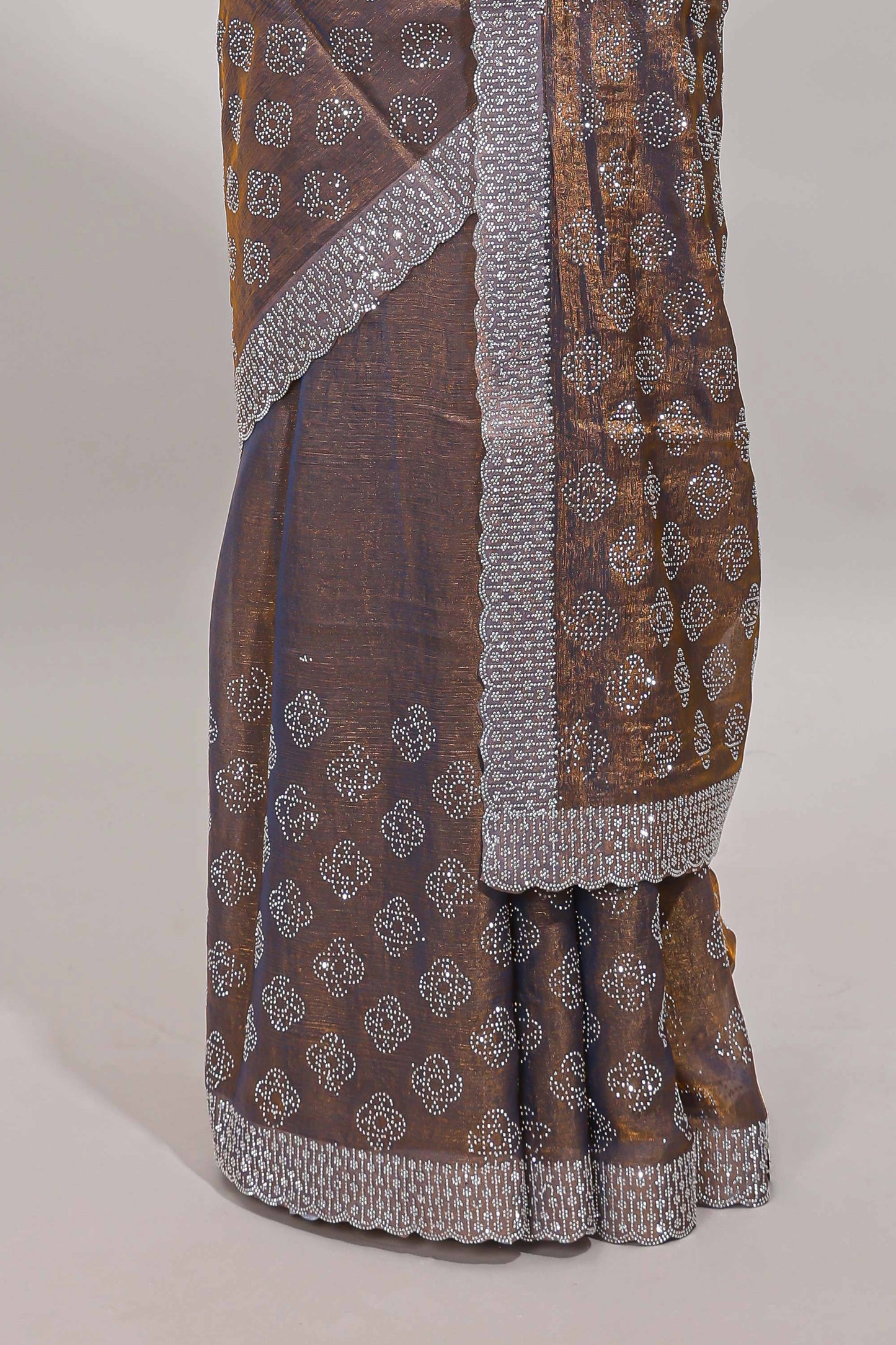 Brown floral butta design stone work designer saree with self scallop border and matching blouse