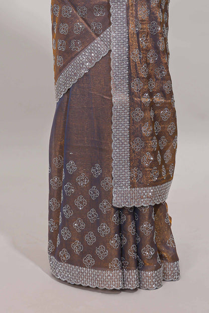 Brown floral butta design stone work designer saree with self scallop border and matching blouse