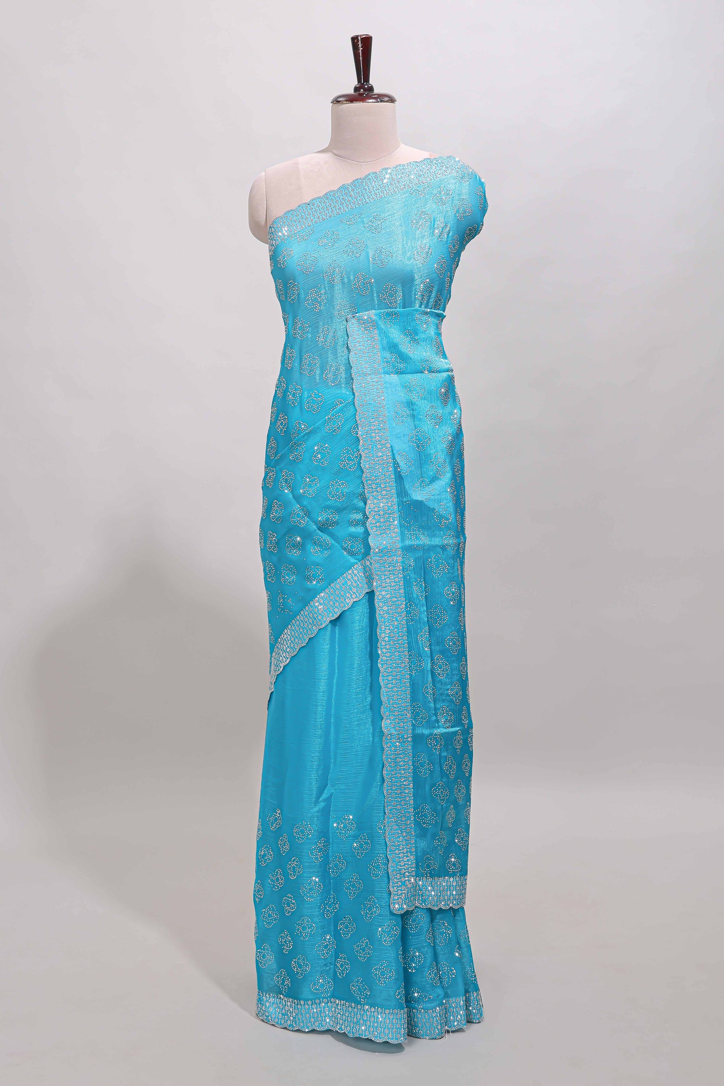 Turquiose blue floral butta design stone work designer saree with self scallop border and matching blouse