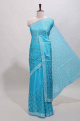 Turquiose blue floral butta design stone work designer saree with self scallop border and matching blouse