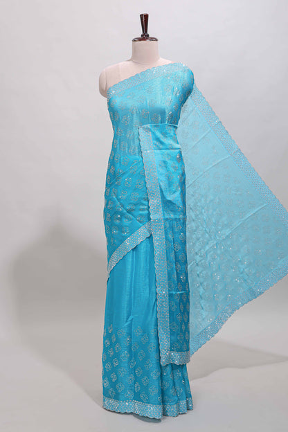 Turquiose blue floral butta design stone work designer saree with self scallop border and matching blouse