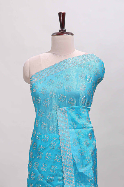 Turquiose blue floral butta design stone work designer saree with self scallop border and matching blouse