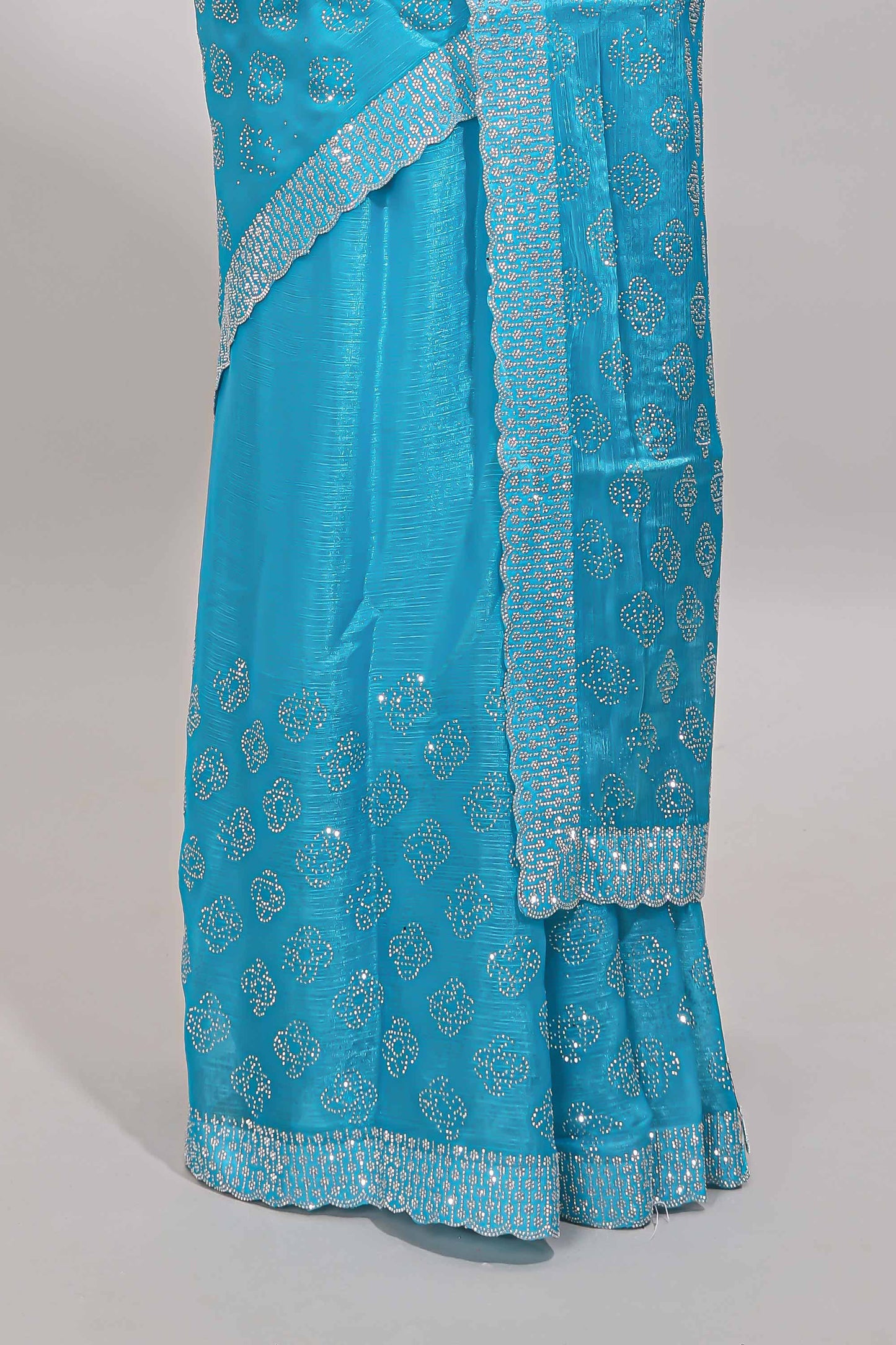 Turquiose blue floral butta design stone work designer saree with self scallop border and matching blouse