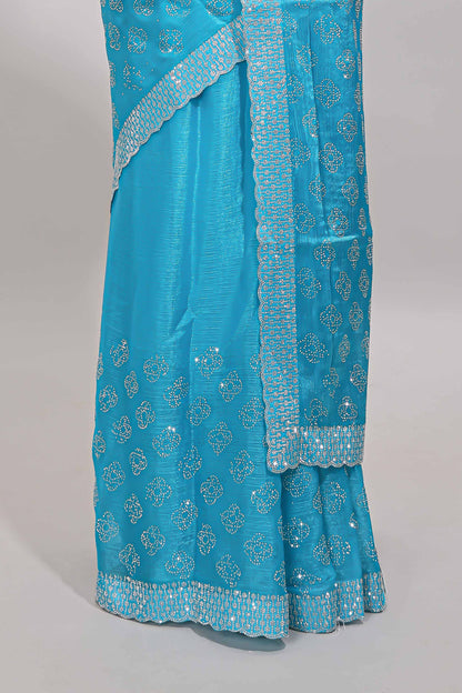 Turquiose blue floral butta design stone work designer saree with self scallop border and matching blouse