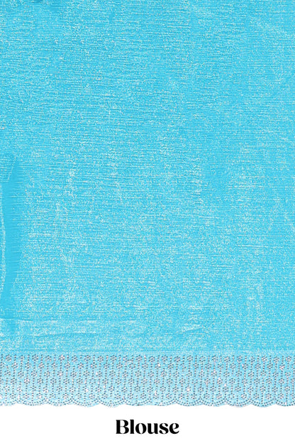 Turquiose blue floral butta design stone work designer saree with self scallop border and matching blouse