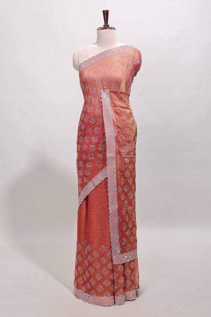 Orange floral butta design stone work designer saree with self scallop border and matching blouse