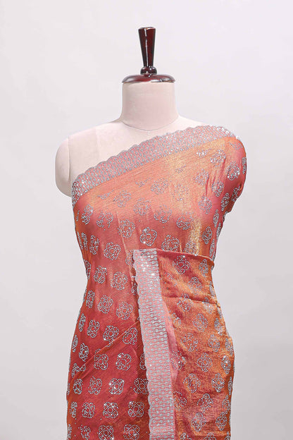 Orange floral butta design stone work designer saree with self scallop border and matching blouse