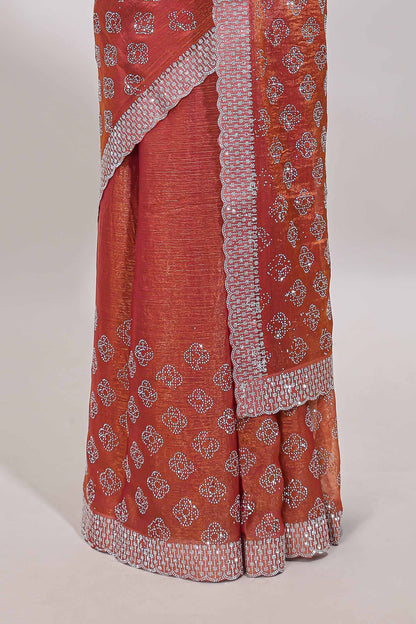 Orange floral butta design stone work designer saree with self scallop border and matching blouse