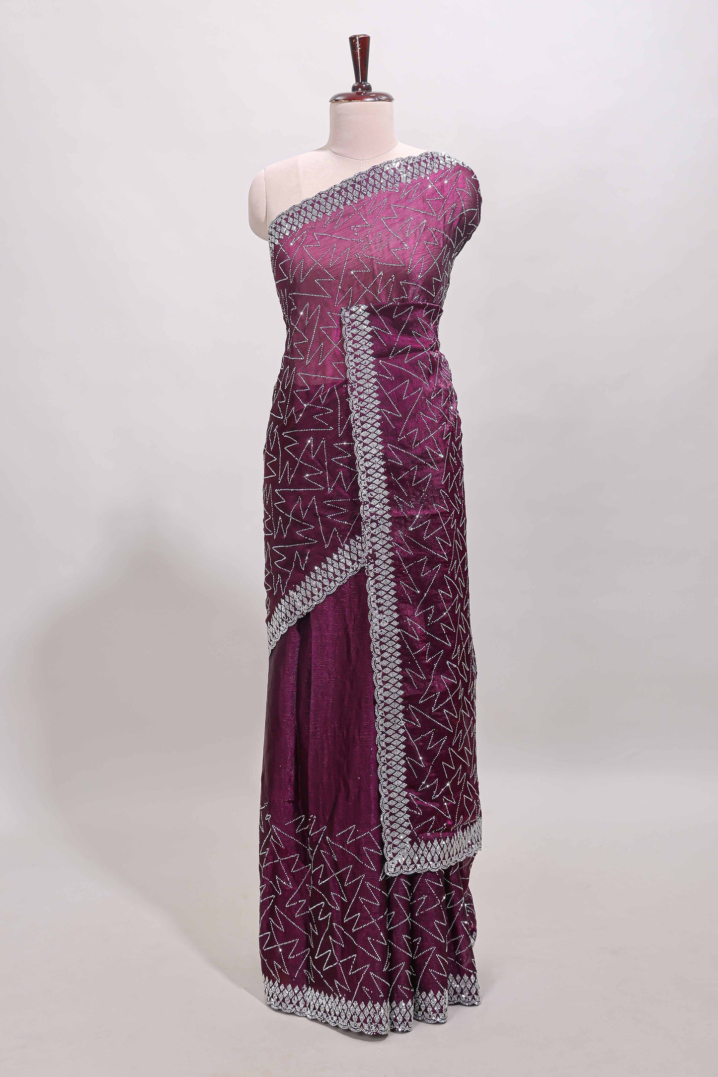 Imperial purple geometric design stone work designer saree with self scallop border and matching blouse