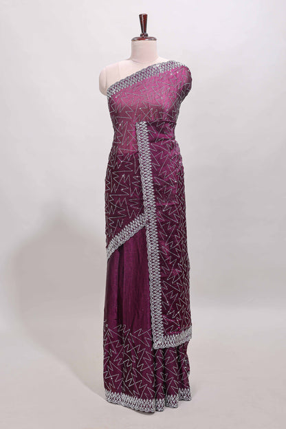 Imperial purple geometric design stone work designer saree with self scallop border and matching blouse