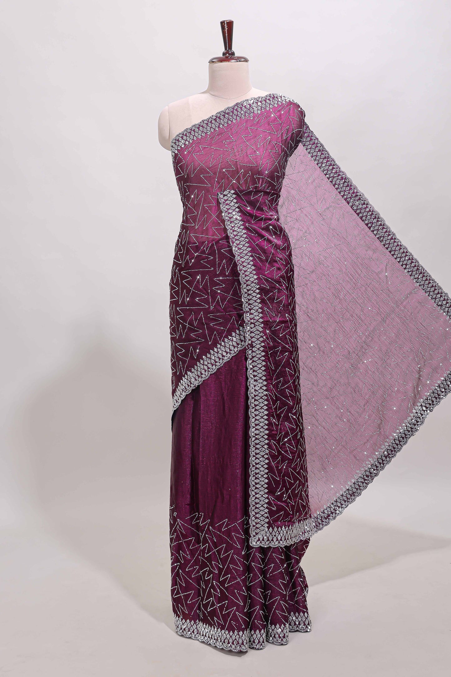 Imperial purple geometric design stone work designer saree with self scallop border and matching blouse