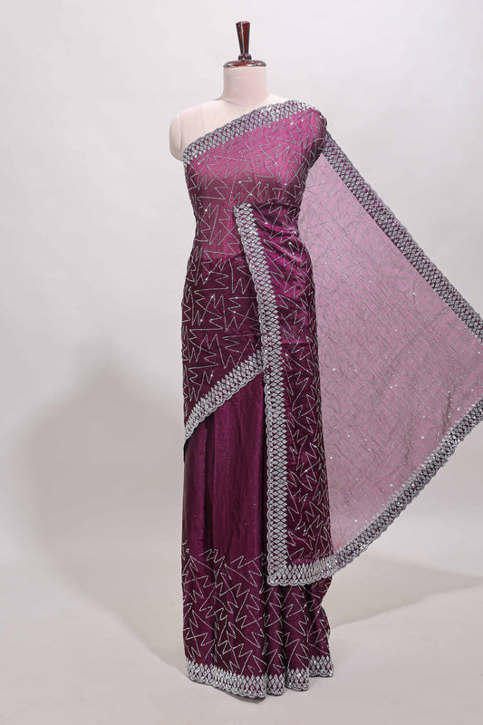 Imperial purple geometric design stone work designer saree with self scallop border and matching blouse