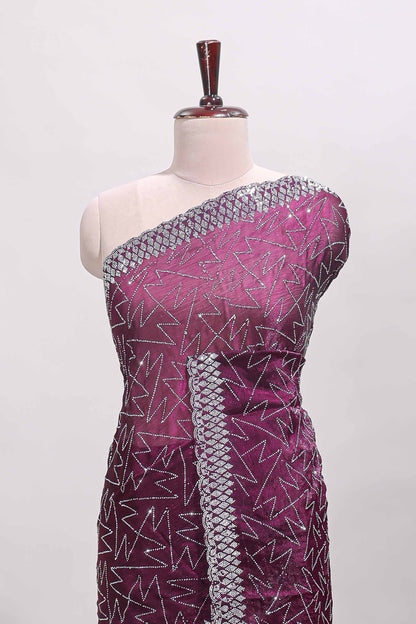 Imperial purple geometric design stone work designer saree with self scallop border and matching blouse