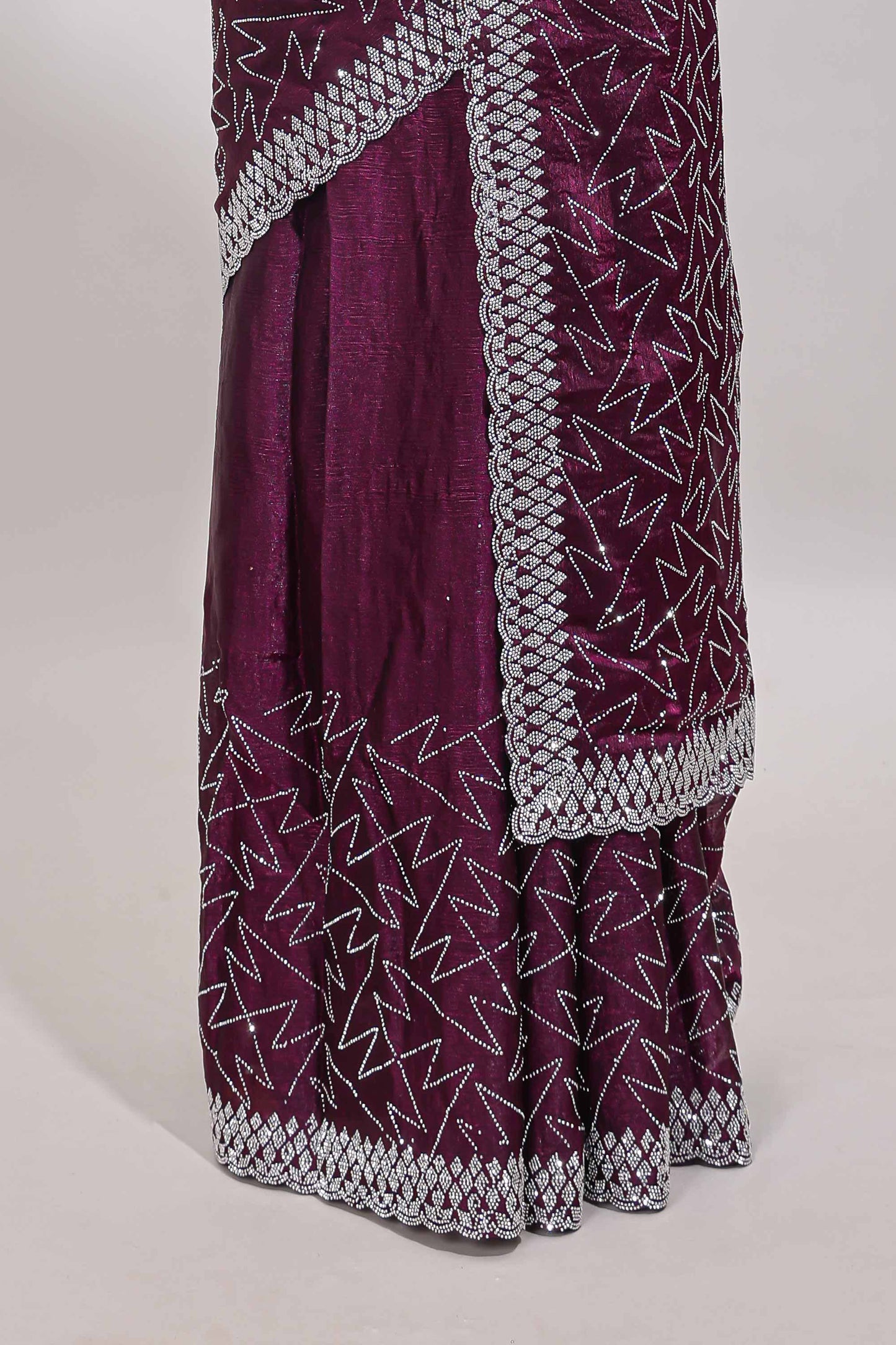 Imperial purple geometric design stone work designer saree with self scallop border and matching blouse