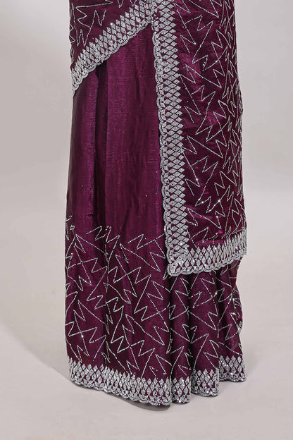 Imperial purple geometric design stone work designer saree with self scallop border and matching blouse