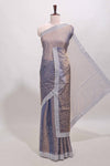 Grey geometric design stone work designer saree with self scallop border and matching blouse