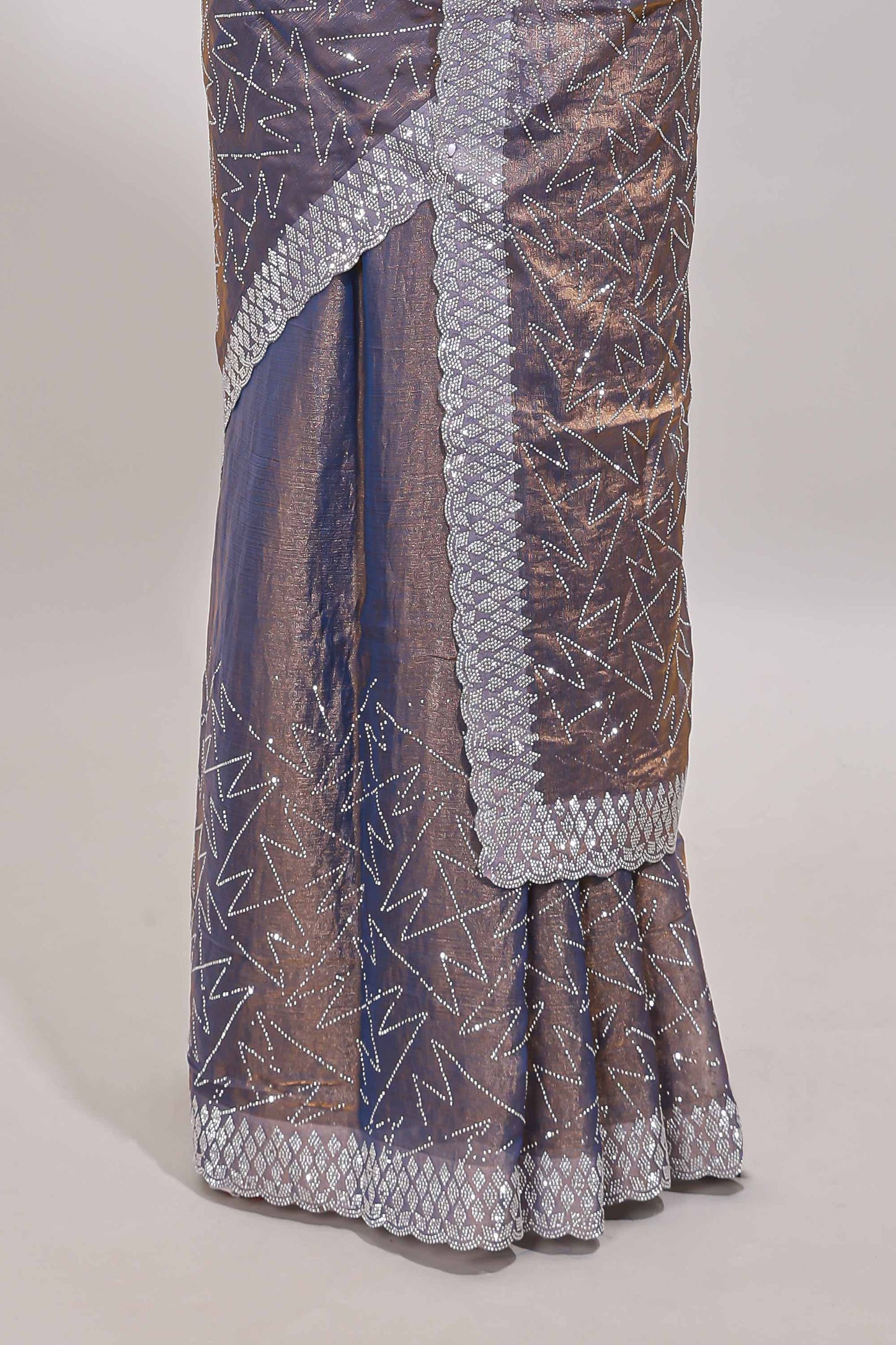 Grey geometric design stone work designer saree with self scallop border and matching blouse