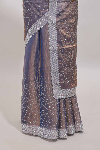 Grey geometric design stone work designer saree with self scallop border and matching blouse