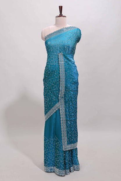 Turquiose green geometric design stone work designer saree with self scallop border and matching blouse