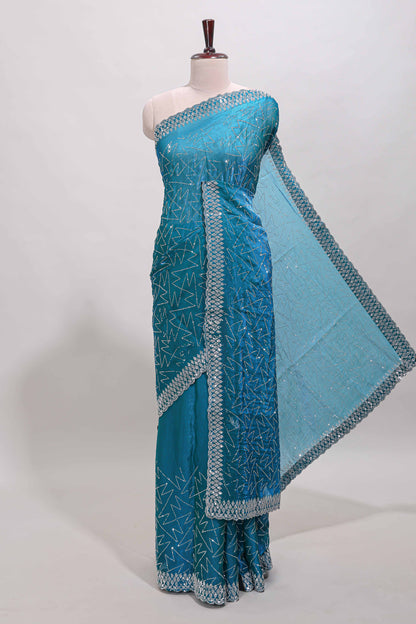 Turquiose green geometric design stone work designer saree with self scallop border and matching blouse