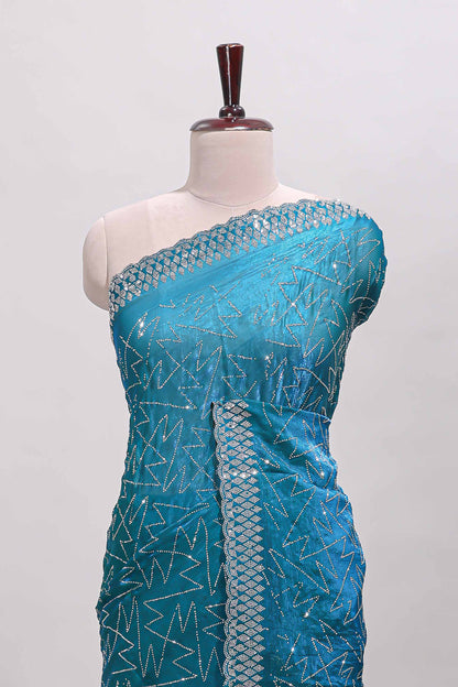 Turquiose green geometric design stone work designer saree with self scallop border and matching blouse