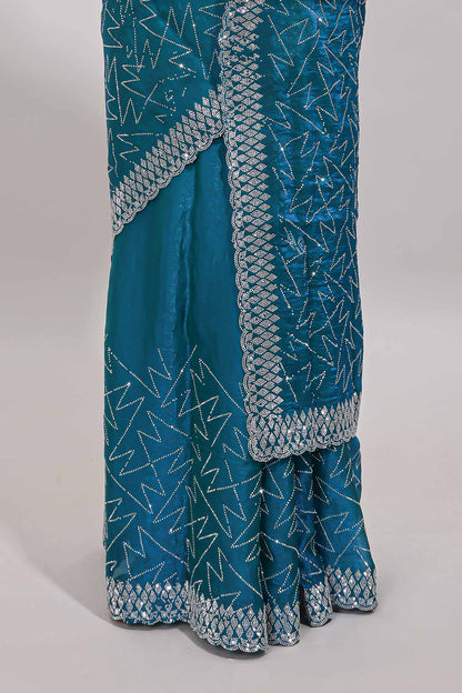 Turquiose green geometric design stone work designer saree with self scallop border and matching blouse