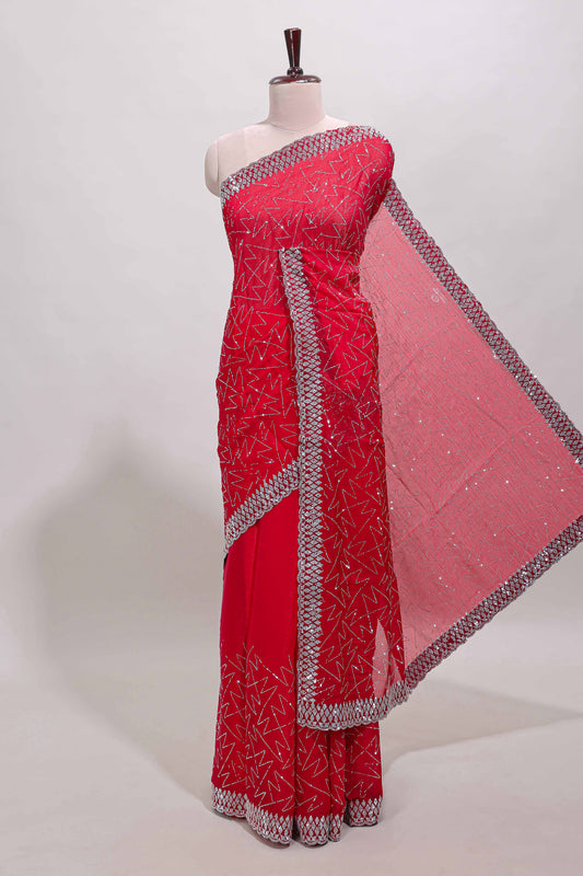 Pink geometric design stone work designer saree with self scallop border and matching blouse