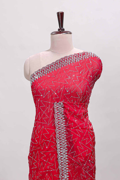 Pink geometric design stone work designer saree with self scallop border and matching blouse